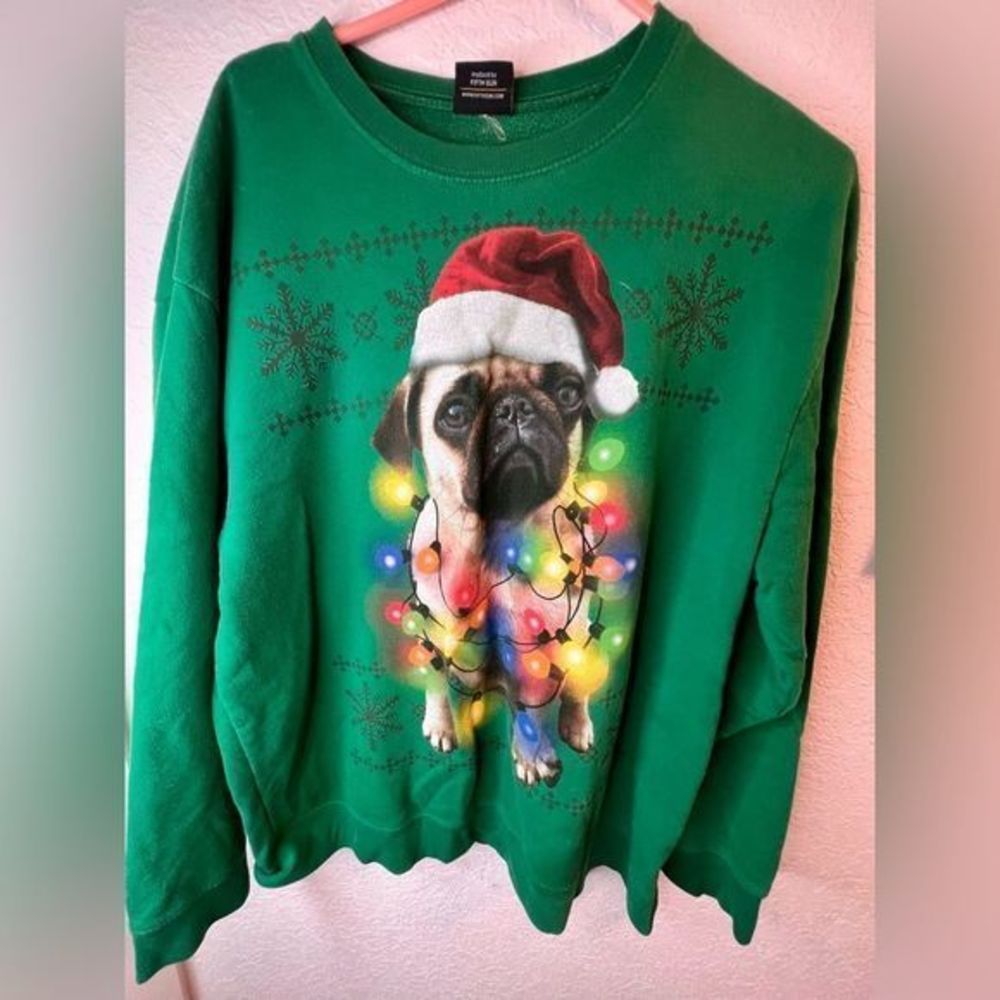 Christmas Sweater Mens L Pug and Christmas Lights